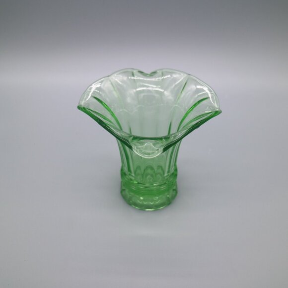 Vintage Green Uranium Glass 5" Vase | Flared Shape w/ Scalloped Edge - Picture 6 of 8